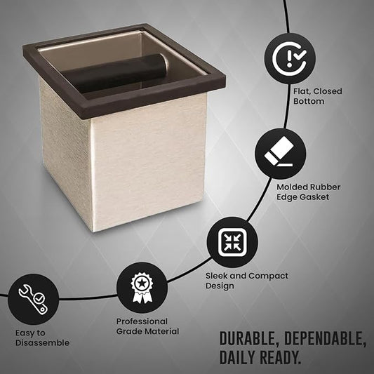 Rattleware Stainless Steel Knock Box | Heavy-Duty Espresso Grounds Container, Welded Bar, Durable and Efficient for Baristas - Quality Coffee Preparation (6"x5.5"x6")
