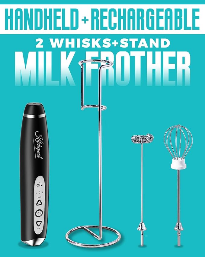 Rechargeable Milk Frother Wand with Stand for Coffee, Electric Whisk with 3 Speed Adjustable, Drink Mixer Handheld for Lattes, Cappuccino, Hot Chocolate, Egg, Dark Black