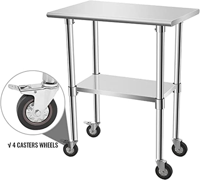 Stainless Steel Table - Metal Table Cart - Commercial Workbench with Caster Wheel - NSF Certified - for Restaurant, Warehouse, Home, Kitchen, Garage,30''x18''