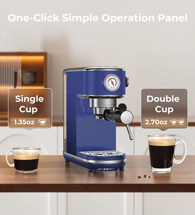 20 Bar Espresso Machine with Milk Frother, Compact Espresso Maker, Stainless Steel Coffee Machine with Precise Temp Control & 44oz Removable Water Tank for Latte, Cappuccino, Dark Blue