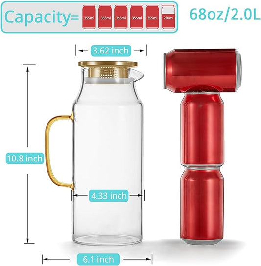 Bivvclaz 2 Liter 68 oz Gold Glass Pitcher with Lid and Handle, Glass Carafe for Hot/Cold Water, Large Iced Tea Pitcher for Coffee, Juice and Homemade Beverage