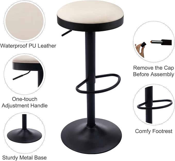 Round Swivel Counter Height Bar Stools Set of 3 Modern Adjustable Barstools Backless PU Leather Bar Chairs Industrial Island Chairs with Metal Base/Footrest for Kitchen Island/Pub, Beige