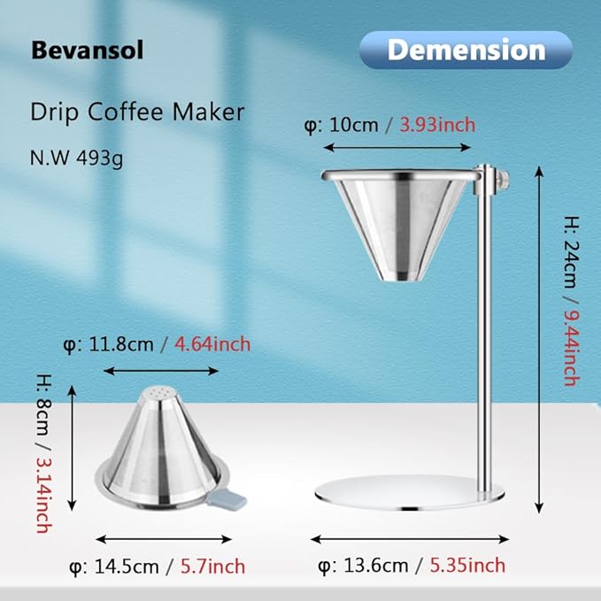 Bevansol Stainless Steel Pour Over Coffee Maker, Adjustable Stand, Double-layer Filter
