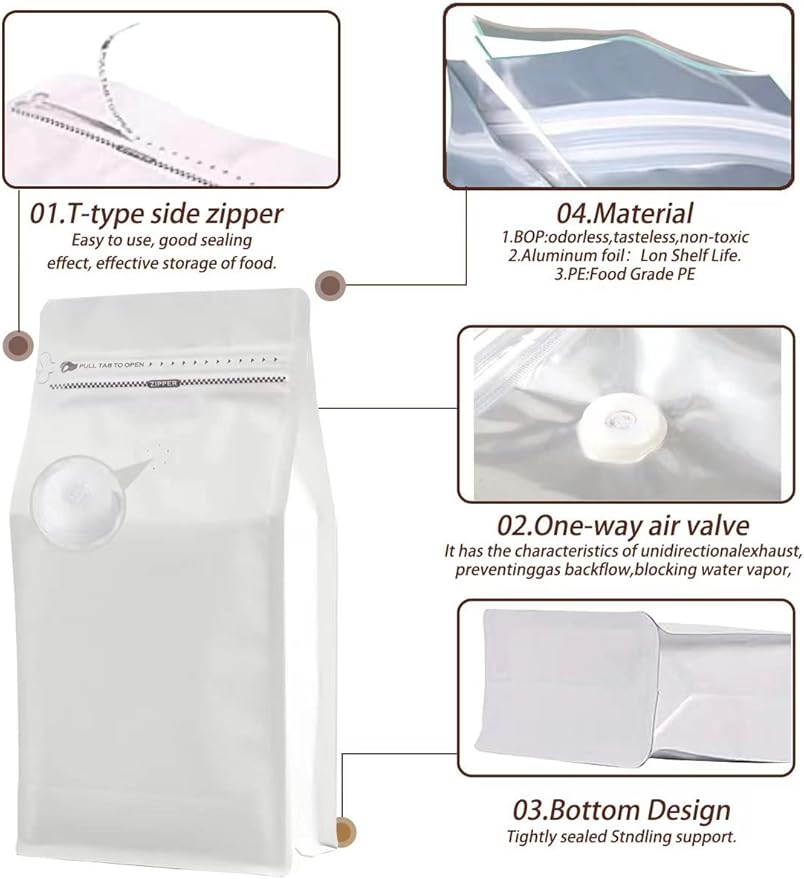 Coffee Bags with Valve(16 oz,1 lb,100pcs) White High Barrier Aluminumed Foil Flat Bottom Heat Sealed Coffee Beans Packaging Bags Side Zipper Resealable Bags for Home or Business