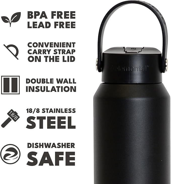 Elemental 40oz Insulated Water Bottle with Straw - 100% Leak-Proof Stainless Steel Core Water Bottles for Travel, Sports and Gym - Double Wall Insulation & BPA Free - Black