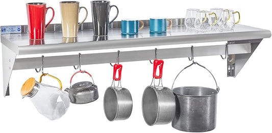 Hally Stainless Steel Shelf with 6 Hooks 14" x 48" Wall Mounted Pot Rack 350lb, NSF Commercial Floating Shelving for Storage Hanging Pots, Pans, cookware in Restaurant, Kitchen, Home and Hotel