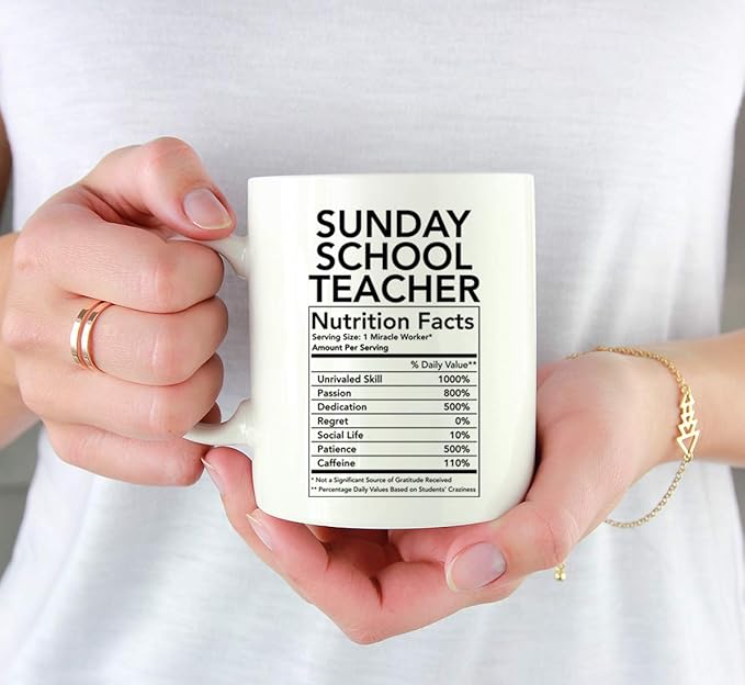 Andaz Press 11oz. Ceramic Coffee Tea Mug Thank You Gift, Sunday School Teacher Nutritional Facts, 1-Pack, Funny Gift for Sunday School Teacher