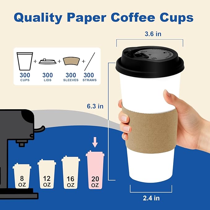 Coolcap 20 oz 300 Pack Coffee Cups with Lids and Sleeves, Straws, Hot Disposable To Go Travel Paper Cups Bulk for Office, Home Coffee Bar Accessories, Chocolate, Cocoa, Beverage (White)