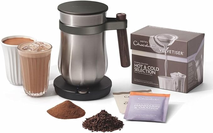 Hot & Cold Drinking Chocolate System - The ALL-NEW Velvetiser from Hotel Chocolat - Kit includes hot chocolate maker, 10 serving taster box, mug and glass - Pewter Edition