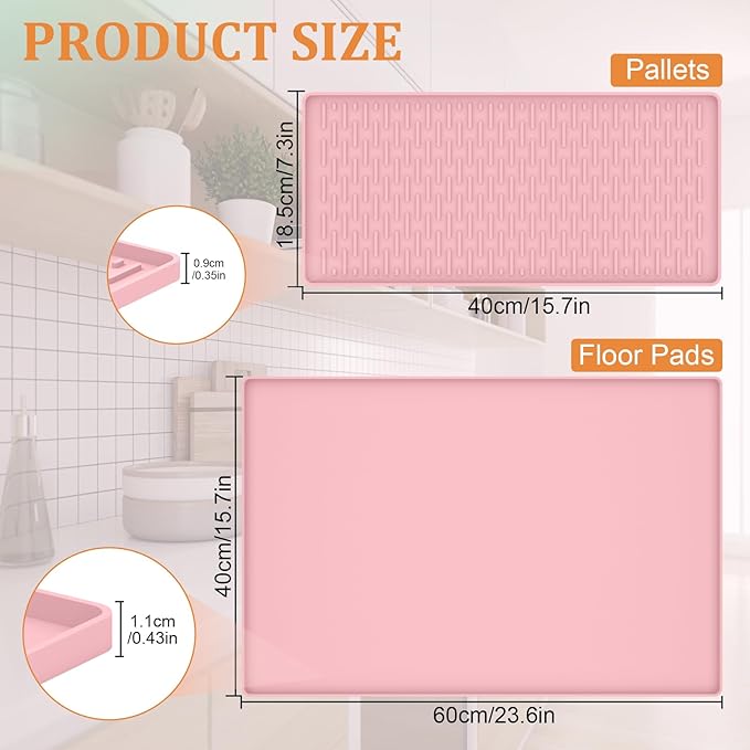 Silicone Coffee Mat Set - Includes Removable Drying Pad, Raised Edges for Non-Leak and Non-Slip, Suitable for Kitchen Coffee Machines and Countertop Protection, Bar Decor Pad (Pink, 24" x 16")