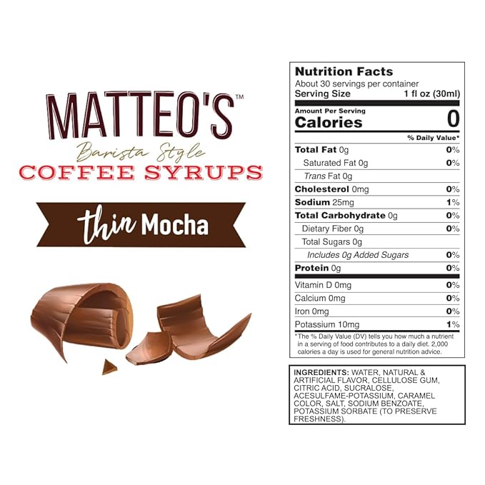 Matteo's Mocha Syrup for Coffee, Lattes, Cappuccinos & Desserts – Sugar-Free Sweetener for Beverages, Keto Friendly, Zero Calories, Indulgent Flavor, Non-Alcoholic, Ideal for Hot Drinks 33.8oz (6pk)