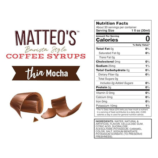Matteo's Mocha Syrup for Coffee, Lattes, Cappuccinos & Desserts – Sugar-Free Sweetener for Beverages, Keto Friendly, Zero Calories, Indulgent Flavor, Non-Alcoholic, Ideal for Hot Drinks 33.8oz (6pk)