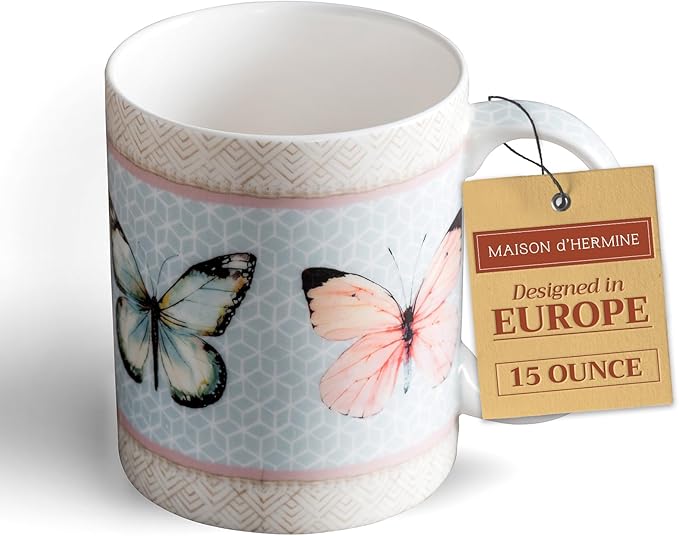 Maison d' Hermine Coffee Mug with Handles Fine Bone China Mugs Pack of One Tea Cups for Hot Beverages Cappuccino Latte Home Office Perfect for Gift (Blossoms In Spring - Butterfly, 15 Ounce)