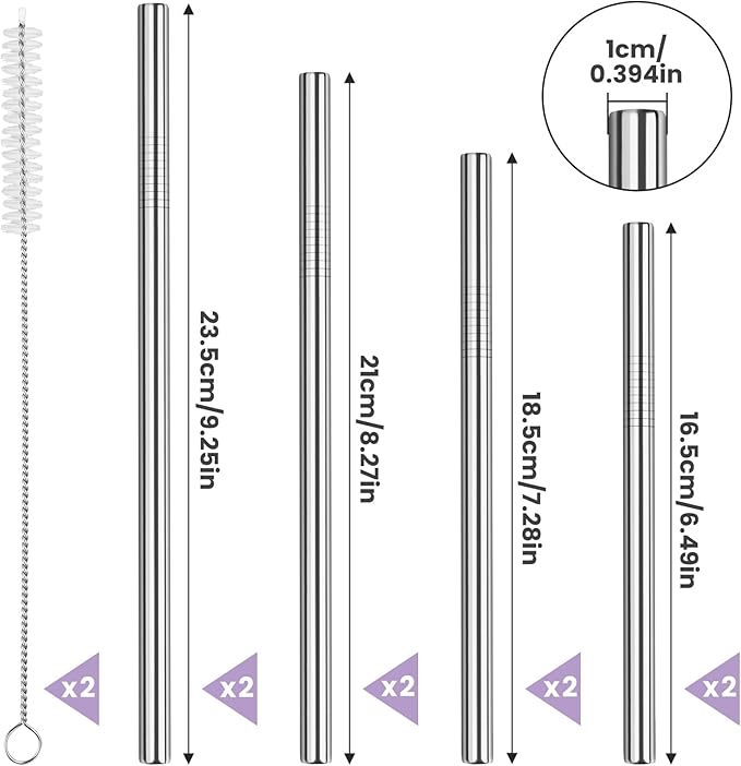 NiHome 8PCS Stainless Steel Straws for Owala Water Bottle, 4 Lengths Compatible with FreeSip 19oz 24oz 32oz 40oz, Tritan 25oz, Kids’ FreeSip 16oz, with Cleaning Brush & Travel Storage Bag (Silver)