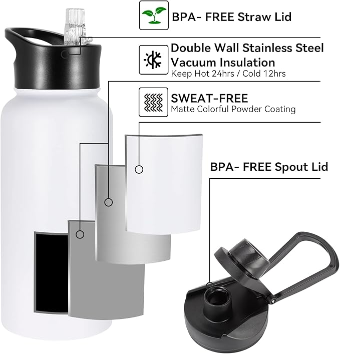 32 oz Insulated Water Bottle with Straw Lid & Wide Mouth Lids, Stainless Steel Sports Water Bottles, Double Walled Vacuum, Leak Proof, White