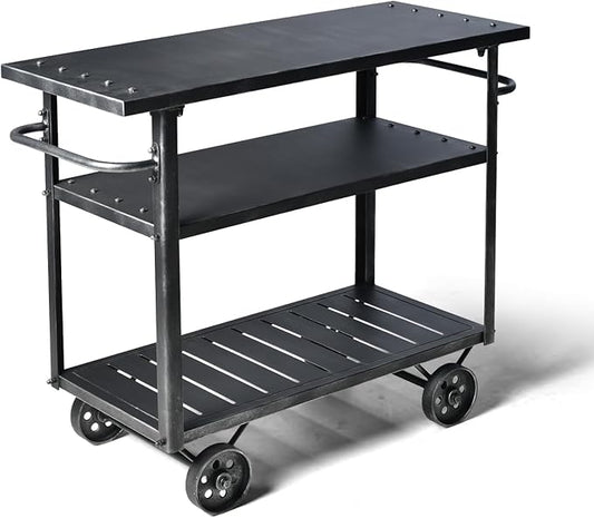 LOKKHAN Rolling Bar Cart with Handle [3 Tier] Home Kitchen Microwave Cart Island On Wheels, Mobile Serving Cart Beverage Cart, Coffee Station (Metal/Wood, Industrial Black)