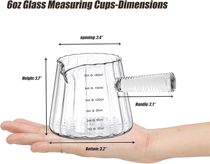 FANTESTICRYAN 6OZ Measuring Cup, Ribbed Borosilicate Glass Espresso Cup, V-Shaped Spout Drain Espresso Double Shots, Coffee Milk Tea Accessories (Clear, Glass Handle)