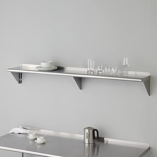 ROCKPOINT Stainless Steel Shelf 12 x 72 Inches 450lb, NSF Metal Commercial Shelves Wall Mount Floating Shelving with Backsplash for Restaurant, Kitchen, Home and Hotel, Silver