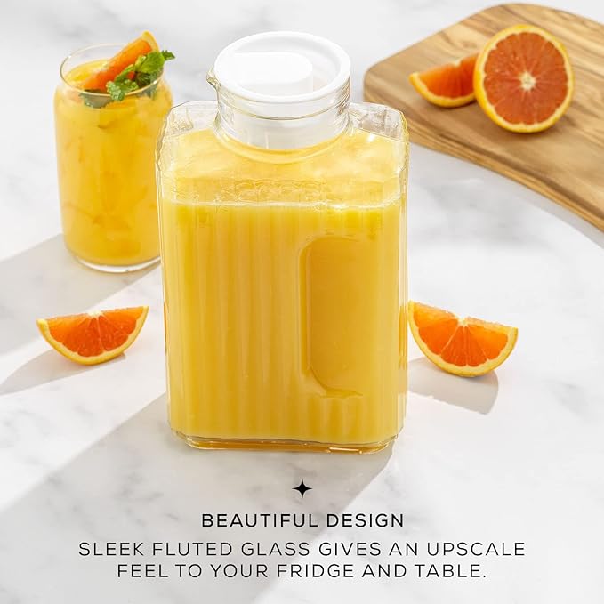 68oz Glass Pitcher with Lid (2 Lids), Rectangle Beverage Serveware and Storage Container for Cold Drinks and Liquids, Water Containers, 2 Quart Pitcher with Lid for Kool Aid and Lemonade