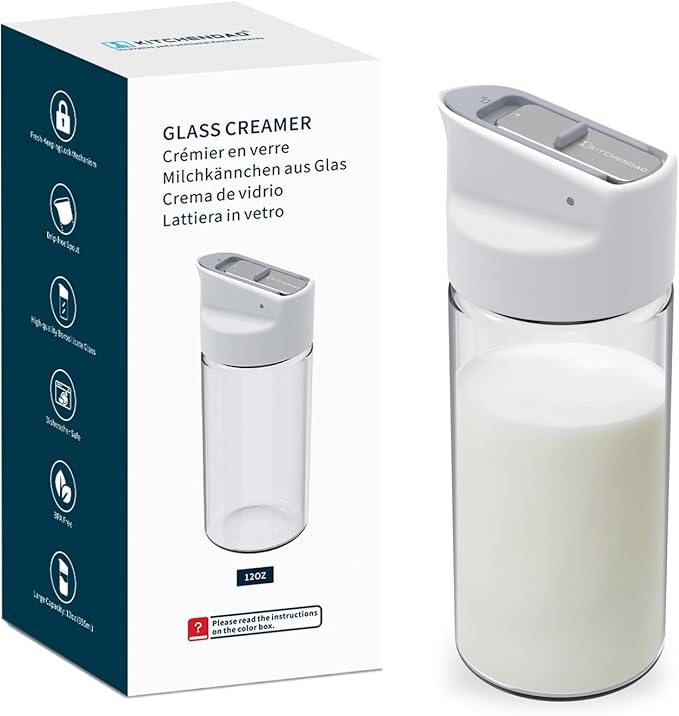 KITCHENDAO Glass Creamer with Fresh-Keeping Lock Mechanism, Drip-free Spout, 12 oz Milk Pitcher with Lid, Borosilicate Glass Creamer Container, Dishwasher Safe