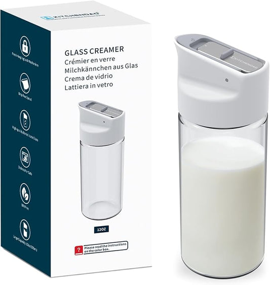 KITCHENDAO Glass Creamer with Fresh-Keeping Lock Mechanism, Drip-free Spout, 12 oz Milk Pitcher with Lid, Borosilicate Glass Creamer Container, Dishwasher Safe