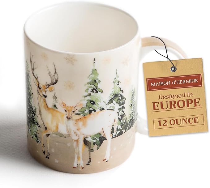 Maison d' Hermine Coffee Mug with Handles Fine Bone China Mugs Pack of One Tea Cups for Hot Beverages Cappuccino Latte Home Office Perfect for Gift (Deer In The Woods - Forest Deer, 12 Ounce)