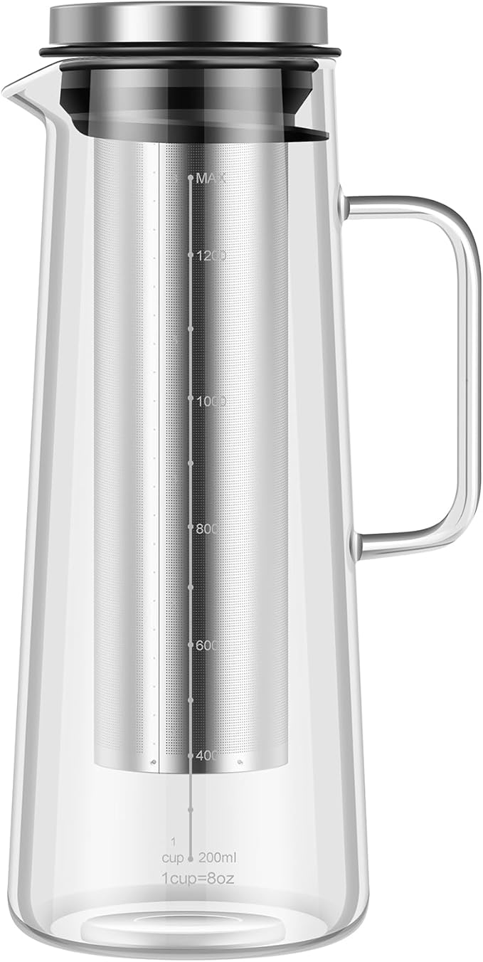 Cold Brew Coffee Maker 1.4L/48oz - Glass Pitcher Thick Glass Cold Brew Coffee Pitcher with Stainless Steel and Silicone Filter and Airtight Lid for Home Kitchen Cafe