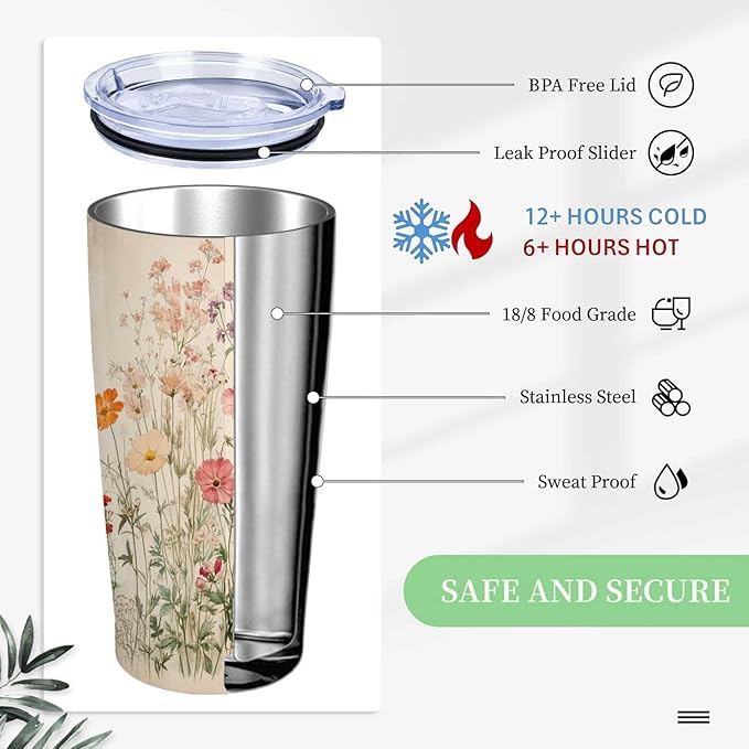 Wild Flower Tumbler 20 oz, Stainless Steel Travel Mug with Leak-Proof Lid and Retractable Straw, Floral Insulated Cup for Coffee, Tea and Iced Drinks, Birthday and Christmas Gifts for Women