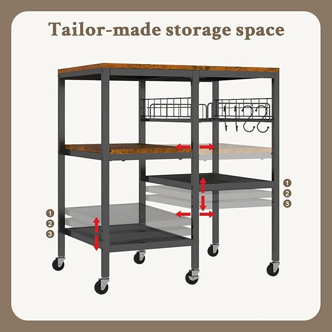 Hadulcet 4-Tier Adjustable Microwave Stand with Storage on Wheels - Rolling Kitchen Cart & Mobile Coffee Bar, Baker's Rack for Kitchen Island, Office, Living Room