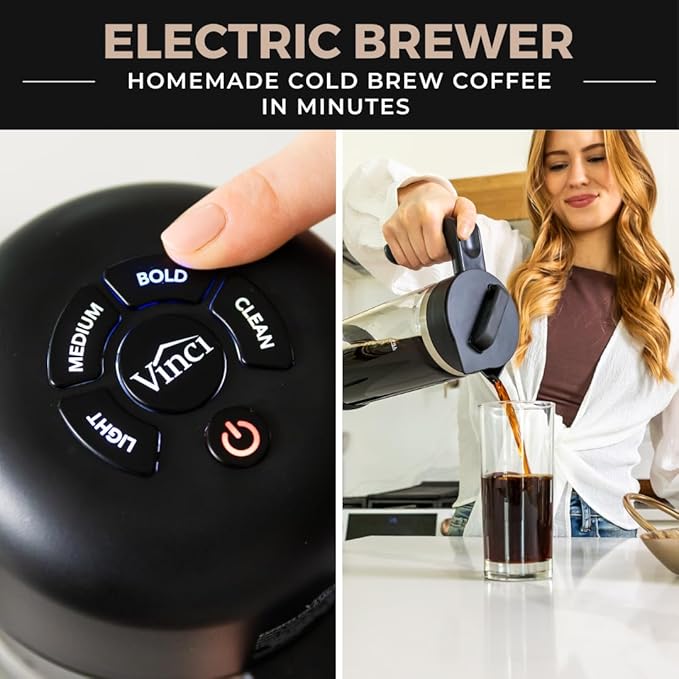 VINCI Express Cold Brew, Electric Cold Brew Coffee Maker in 10 Minutes, Glass Carafe, 3 Brew Strength Settings & Cleaning Cycle, Easy to Use & Clean 1.4 Liters Push Button Control