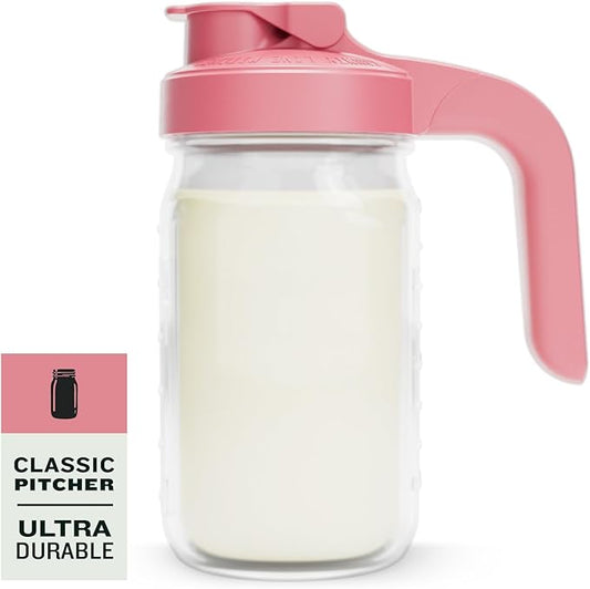 County Line Kitchen Glass Breast Milk Pitcher with Lid - Wide Mouth, 1 Quart (32 oz) - Heavy Duty, Leak Proof - Sun & Iced Tea Pitcher, Cold Brew Coffee, Breast Milk Storage, Water - Pink