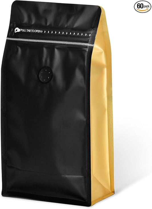 Coffee Bags with Valve(60pcs,16oz,1lb) Vented Coffee Beans Packaging Bags High Barrier Aluminumed Foil Flat Bottom Heat Sealed Side Zipper Resealable Storage Bag for Home or Business（Black+Gold）
