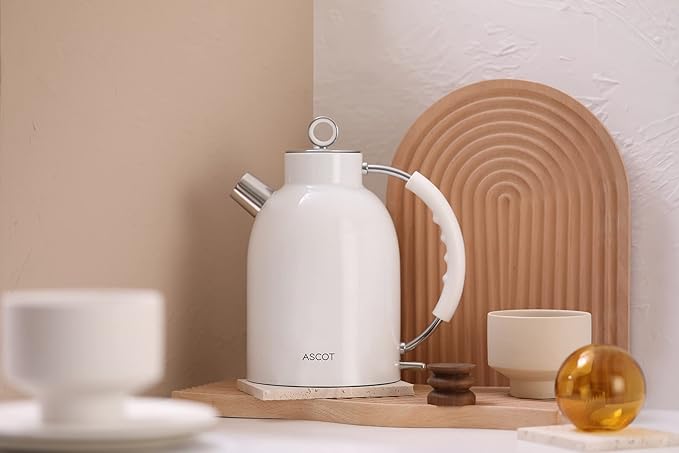 ASCOT Electric Kettle, Stainless Steel Tea Boiler 1.6qt 1500W Retro Tea Heater & Boiling Kettle, Auto Shut-Off and Boil-Dry Protection(White)