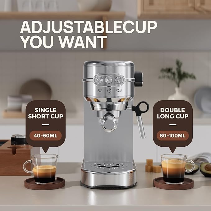 JZ.CAFE Espresso Machine 20 Bar, Compact Espresso Maker, Stainless Steel Expresso Coffee Machines with Steam Milk Frother & 34oz Removable Water Tank for Home, Cappuccino Machine, Great Gift