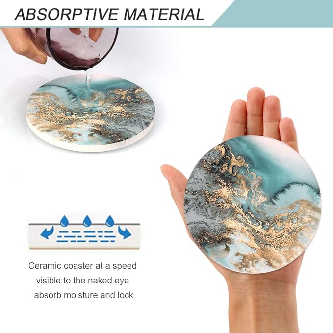 Lahome Marble Pattern Coasters - Round Drinks Absorbent Stone Coaster Set with Ceramic Stone and Cork Base for Kinds of Mugs and Cups (Blue, Set of 4)