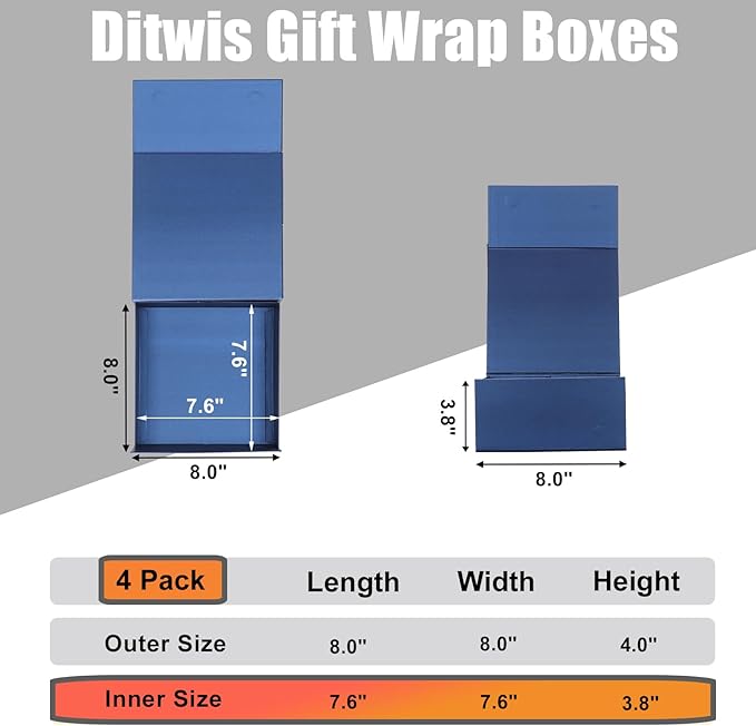 4 Pack 8x8x4 Inches Gift Boxes with Magnetic Closure Lids, Blue Magnetic Box for Wedding, Groomsmen Bridesmaid Proposal, Birthdays, Mother's Day