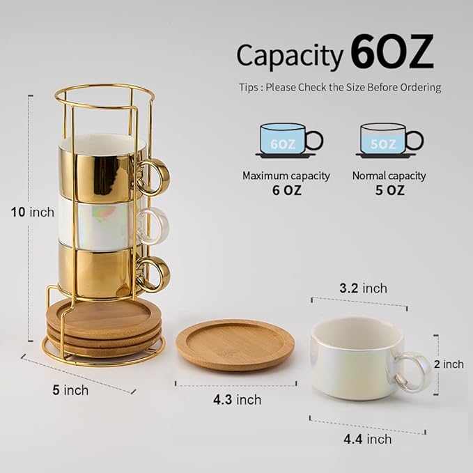 LUKA Porcelain Espresso Cup with Saucers and Metal Stand - 6 Ounce Stackable Ceramic Demitasse Espresso Mugs Cappuccino Cups Set for Latte, Coffee, Cafe Mocha, Tea - Set of 4,Shimmer Golden