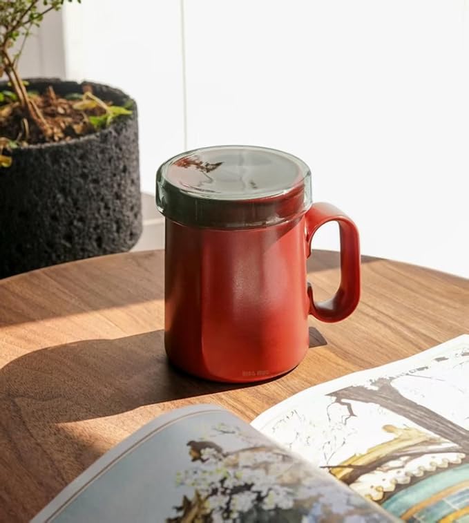 EurtAuro Designer's original handmade ceramic coffee mugs，Ceramics tea cup for office and home，Birthday, Valentine's gifts for men and women，mugs with lid，14.2oz (Cherry red)