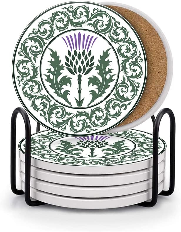 HUXJOKO Coasters for Drinks Set of 6,Thistle Flower Scottish Absorbent Ceramic Coaster,Round Stone Mat,with Cork Base and Metal Holder for Coffee Table Room Bar Home Decor Housewarming Gifts