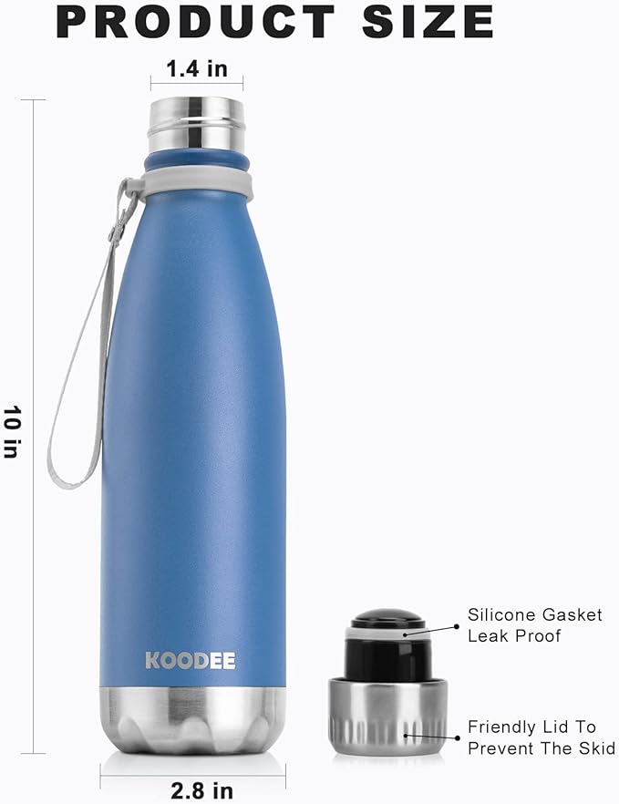 koodee Water Bottle, 17 oz Stainless Steel Double Wall Vacuum Insulated Metal Water Bottle, Cola Shape Leak Proof Sports Flask (Royal Blue)