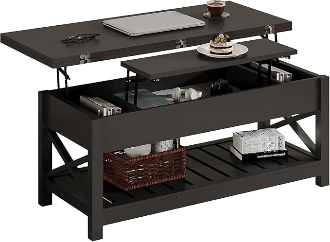 ChooChoo Coffee Table Lift Top, Multi-Function Convertible Coffee Table with Storage and Hidden Compartment, Converts to Dining Table for Living Room, 40 Black