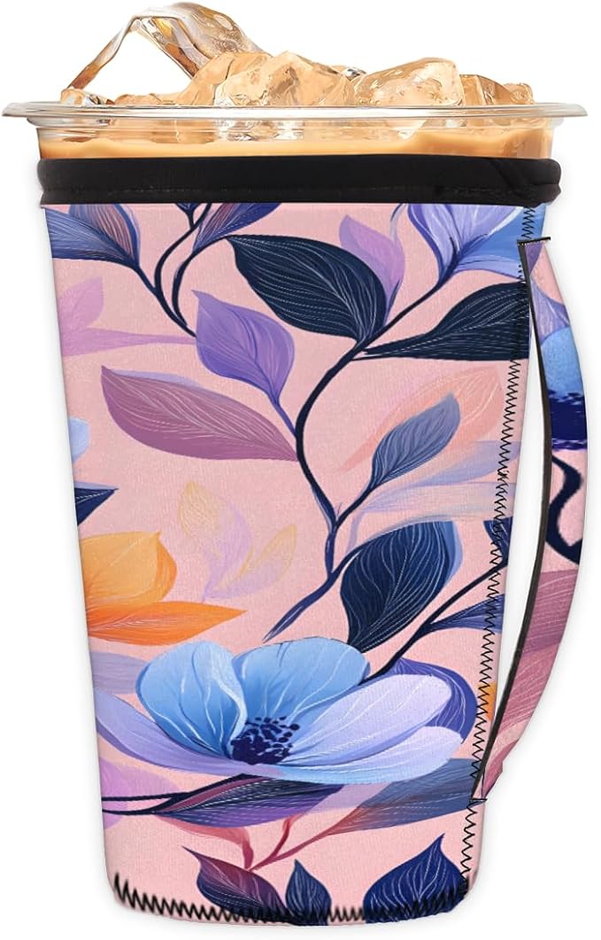Reusable Iced Coffee Cup Sleeve Blue Flowers Leaves Neoprene Insulated Sleeves Cup Holder with handle Idea for 30oz - 32oz