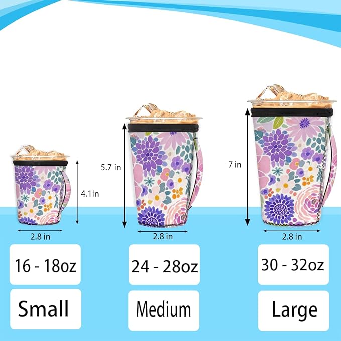 Purple Flower Reusable Insulator Coffee Sleeves for Drinks Beverages, Neoprene Holder with Handle for Most Coffee or Ice Drink, 24-28oz
