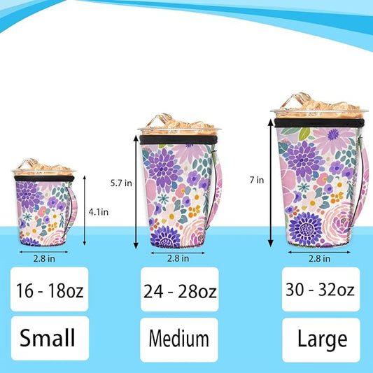 Purple Flowers Reusable Insulator Coffee Sleeves for Drinks Beverages, Neoprene Holder with Handle for Most Coffee or Ice Drink, 16-18oz