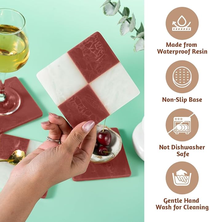 Folkulture Valentine Resin Coasters Set of 4 – Boho Love & Bell Design Waterproof Drink Coasters for Coffee Table Décor – Cute Valentine’s Day Gift for Her, Romantic Home Accessories