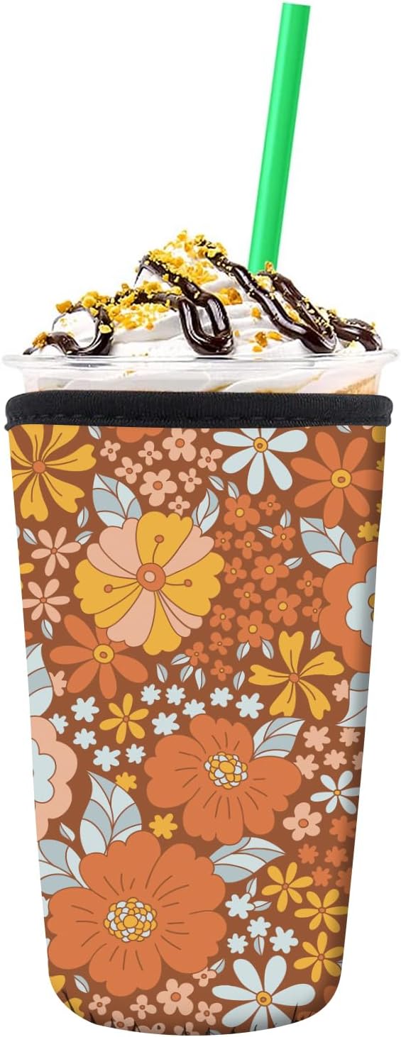 Reusable Neoprene Insulator Sleeve for Iced Coffee Cold Soda Cups, Cute Durable Drink Sleeve for Cold Beverages, Medium 22-28oz Cup Sleeve Cute Orange Floral