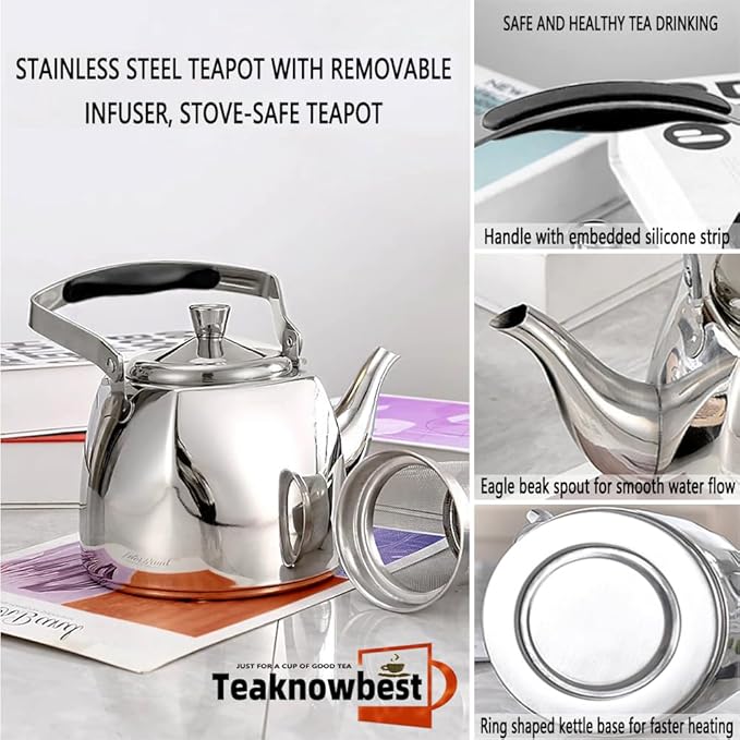 Stainless Steel Teapot with Infuser, Loose Leaf Tea Pot 68oz, Stovetop Safe Tea Kettle, Dishwasher Safe (2000ml)