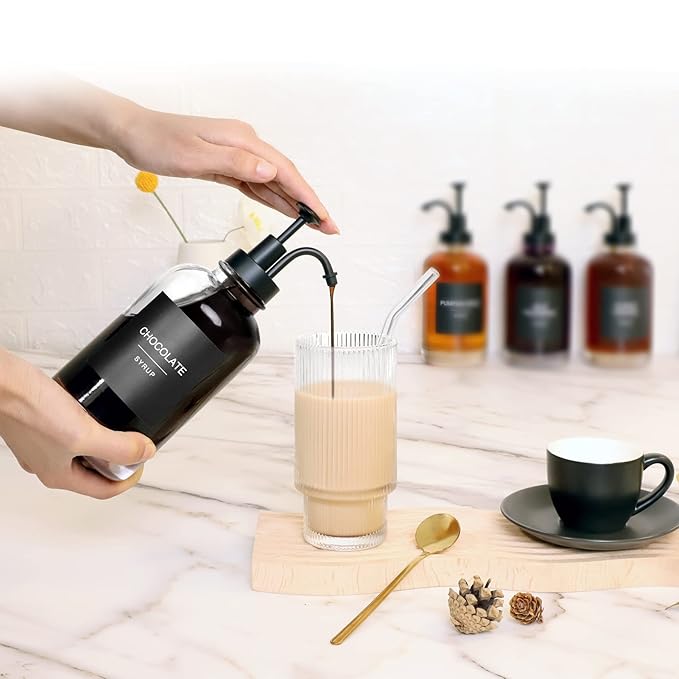 Glass Coffee Syrup Dispenser with 84 Labels (Set of 2), Fancy Pump Dispenser for Bar Accessories, 16.9 oz
