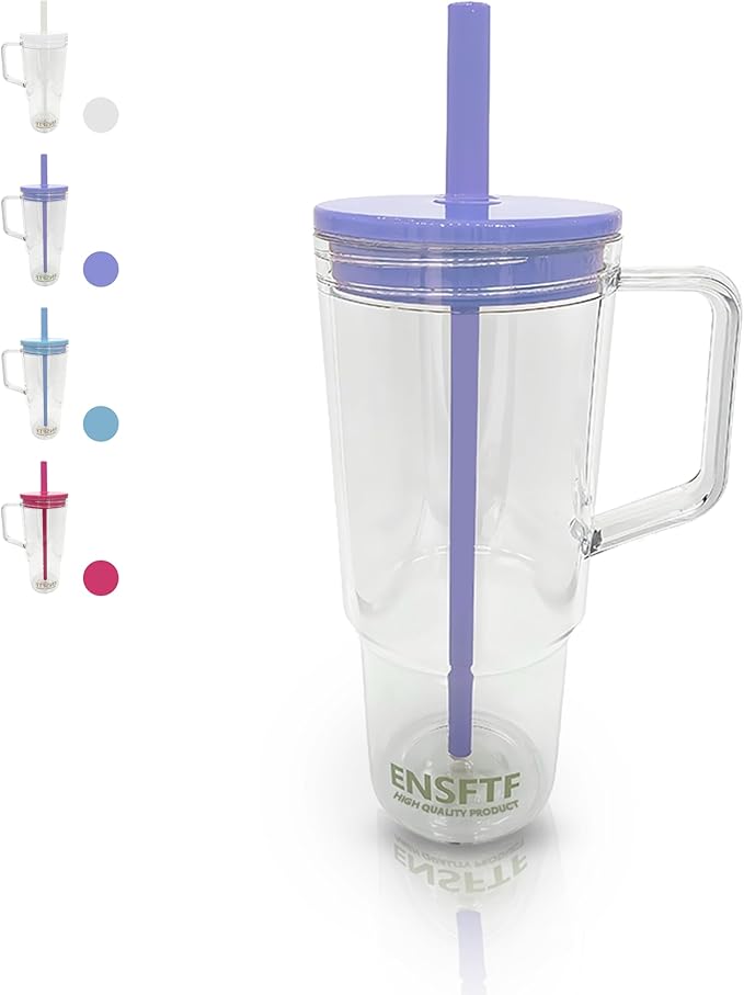 40oz Insulated Clear Tumbler with Handle and Lid & Straw, Reusable Travel Mug for Cold and Hot Drinks, Double-Wall Plastic Water Bottle | Crystal-Clear | Car Cup Holder Fit | Leakproof | BPA-Free