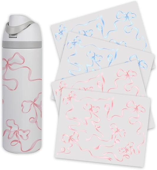 4PCS Bows Stickers for Owala Water Bottle, Stickers Waterproof Compatible with Urban Outfitters Owala Bottles, Tumbler Cup Accessories Decal Decorate (Blue Pink, 24 OZ, Bows)